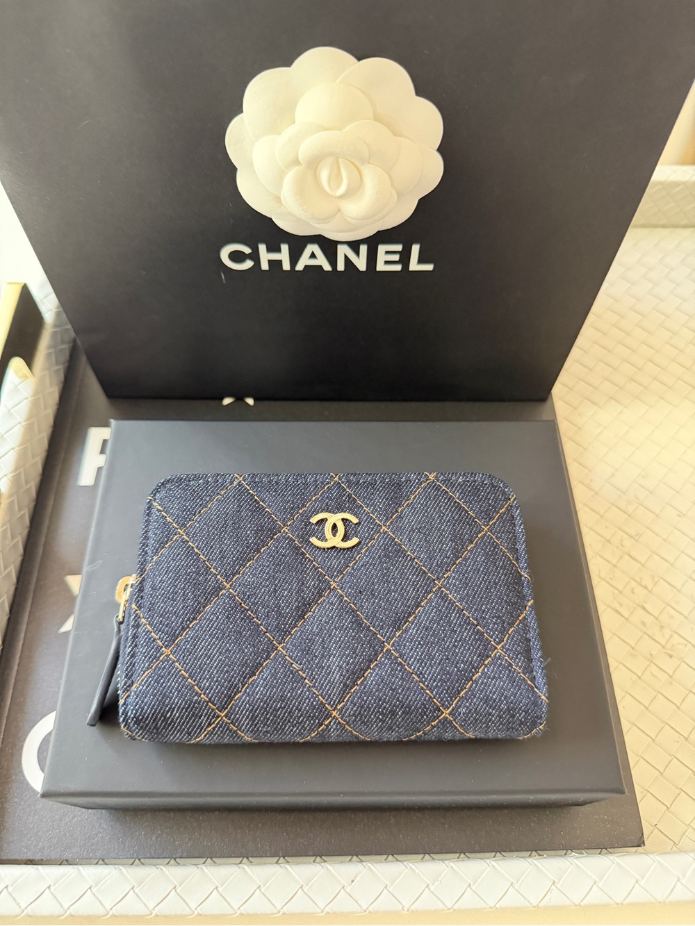 Chanel 26P Classic Zipped Zip Coin Purse Denim Dark Blue Orange mJean Wallet NWT - Picture 5 of 17